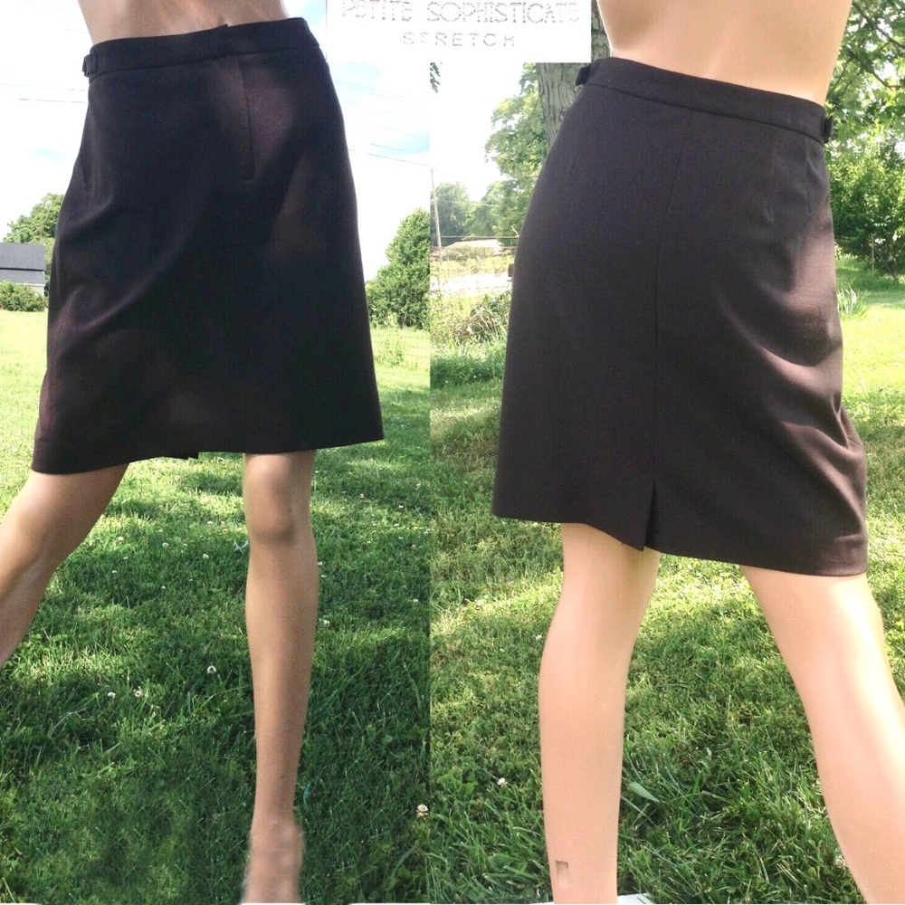 VTG Petite Sophisticate Stretch Chocolate Brown Flat Waisted A Line Mini Skirt~8